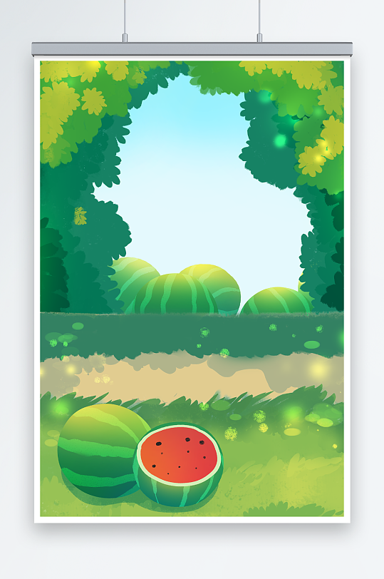 西瓜绿色植物立夏夏季插画背景图