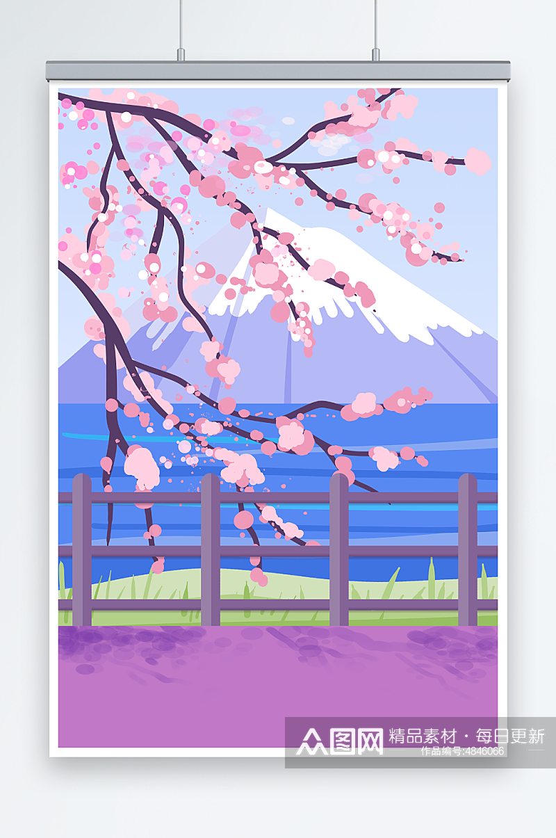日本风情富士山樱花树插画背景图素材