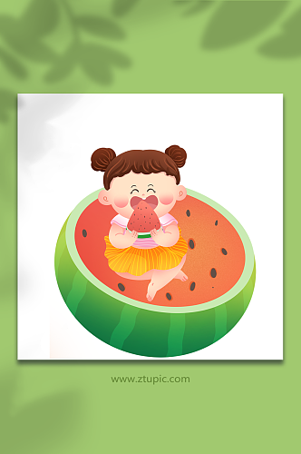 小女孩吃西瓜清凉立夏节气人物插画元素