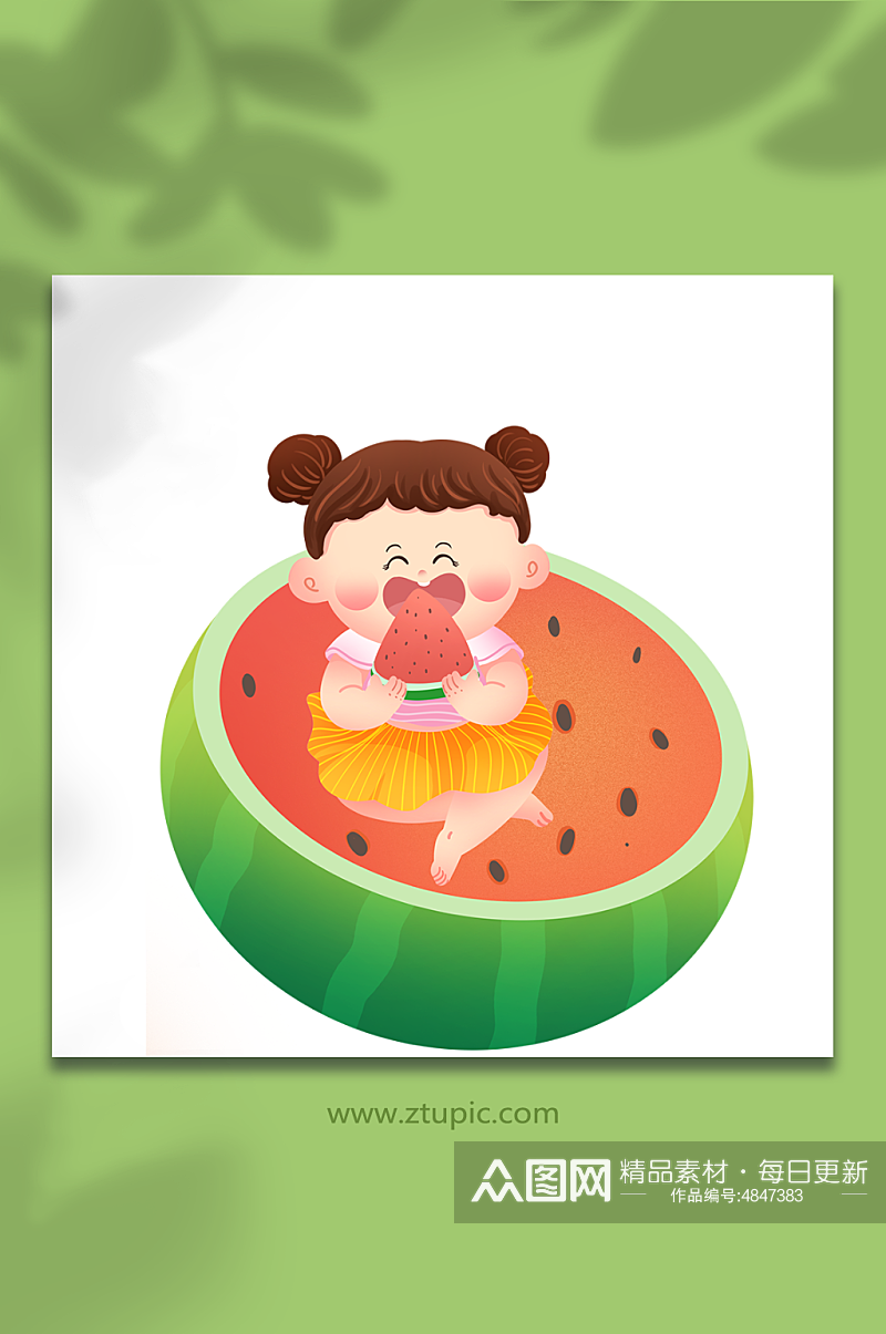 小女孩吃西瓜清凉立夏节气人物插画元素素材