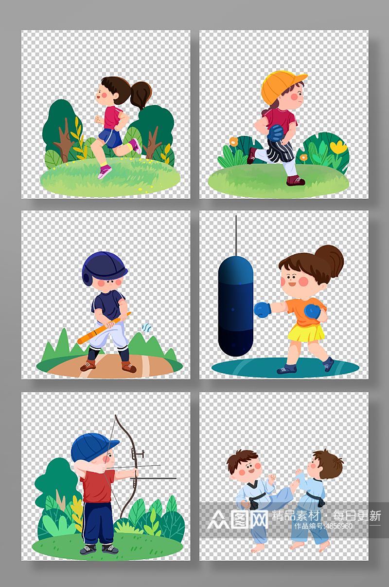 跑步棒球拳击儿童运动人物元素插画素材