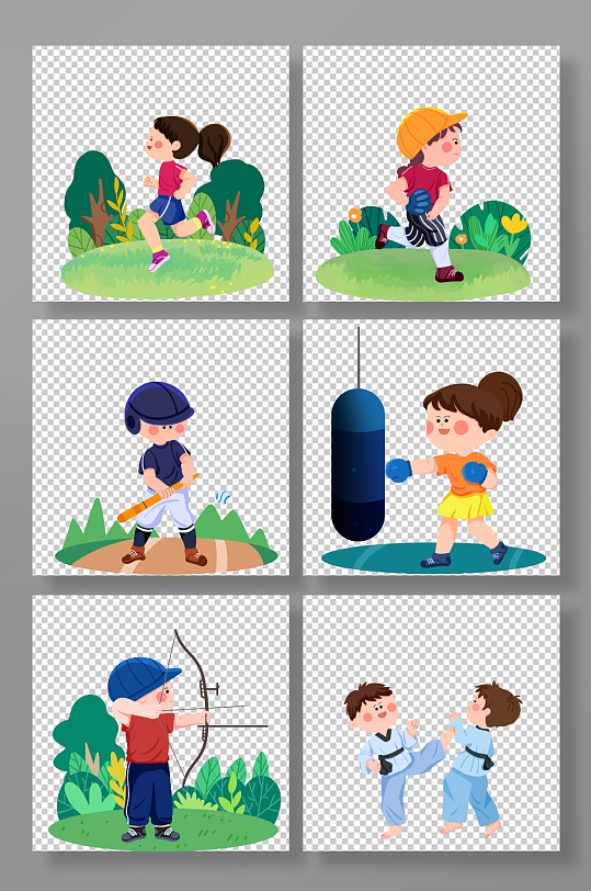 跑步棒球拳击儿童运动人物元素插画