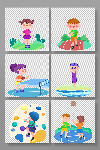 跳绳乒乓球游泳儿童运动人物元素插画