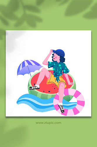 女孩海边立夏夏季人物元素插画