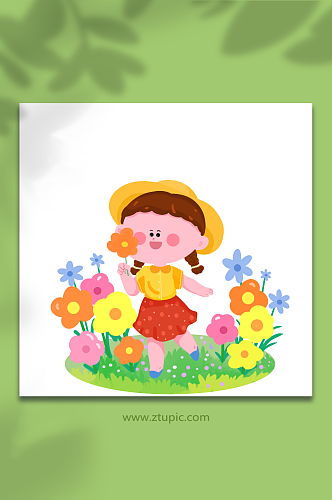 小女孩和花朵庆祝六一儿童节人物元素插画