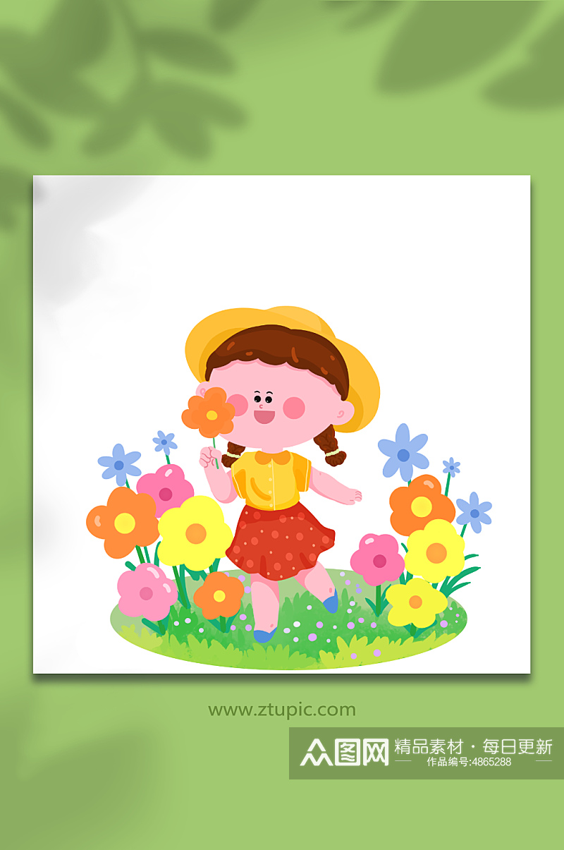 小女孩和花朵庆祝六一儿童节人物元素插画素材