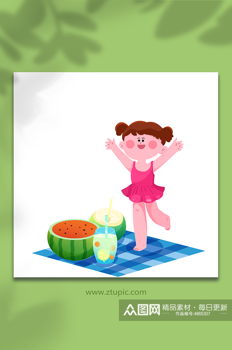 小女孩海边夏至节气夏季避暑人物元素插画素材