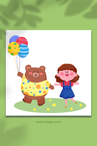 女孩和小熊快乐度六一儿童节人物元素插画