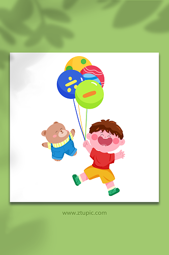 小男孩气球和小熊六一儿童节人物插画
