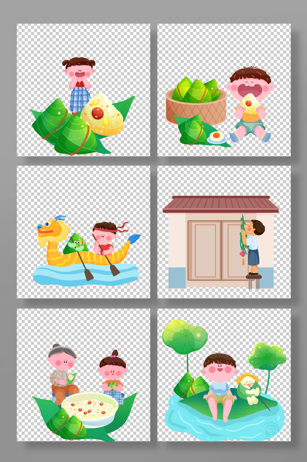吃粽子包粽子端午節(jié)人物元素插畫素材