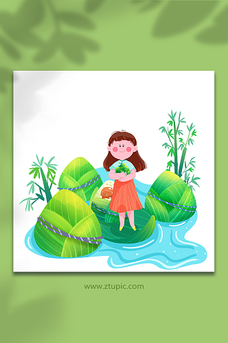 女孩乘船粽子节端午节人物元素插画