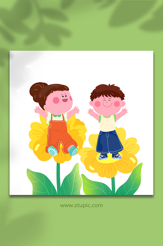 小孩和花朵六一儿童节人物元素插画