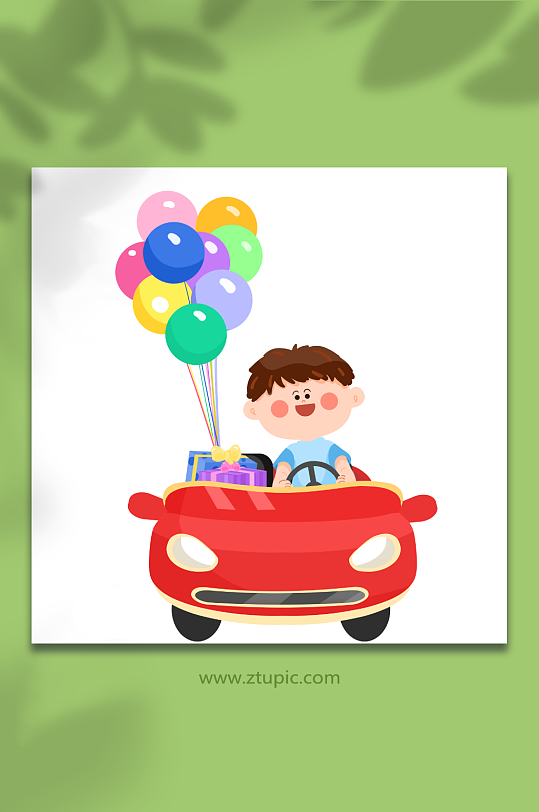 小孩和汽车六一儿童节人物元素插画
