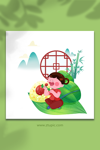 小女孩吃粽子传统节日端午节人物元素插画