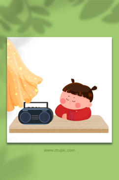 收音机复古儿童节人物元素插画