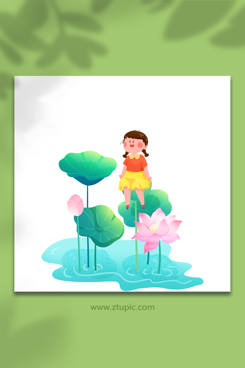 荷花荷叶清凉避暑小暑节气人物元素插画素材
