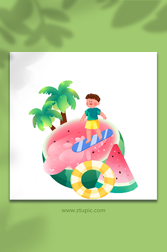 西瓜冲浪清凉避暑小暑节气人物元素插画