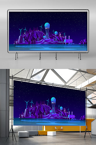 深紫色科技城市背景墙展板展架
