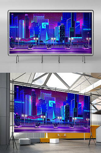 大气紫色科技城市插画展板展架