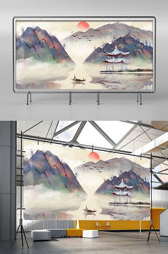 山水画中国风背景墙展板展架