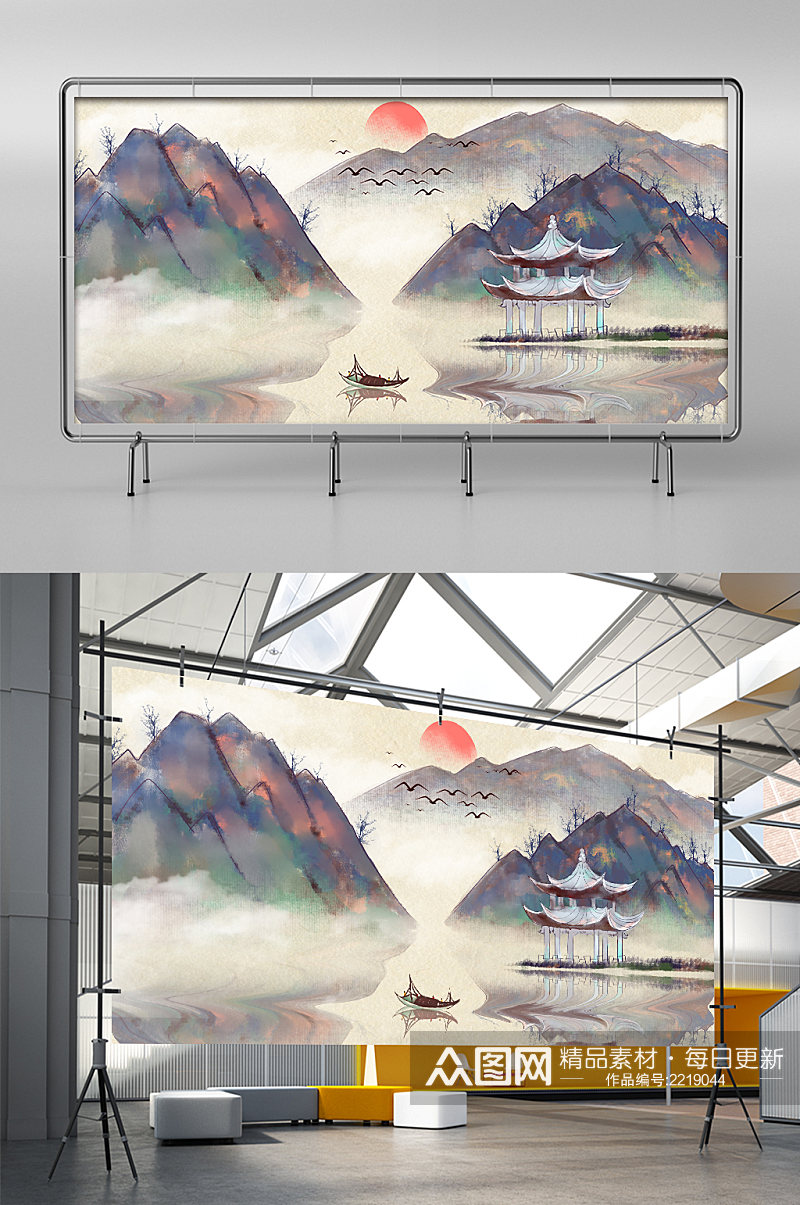 山水画中国风背景墙展板展架素材