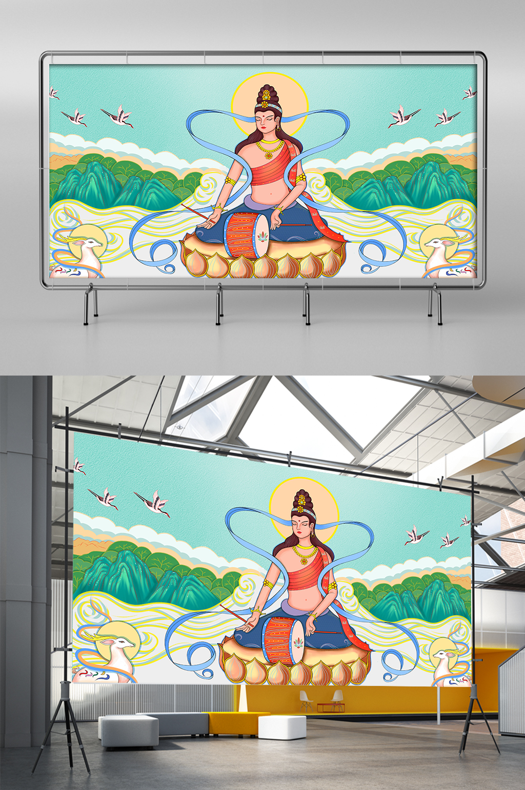飞天仙女壁画敦煌壁画插画素材