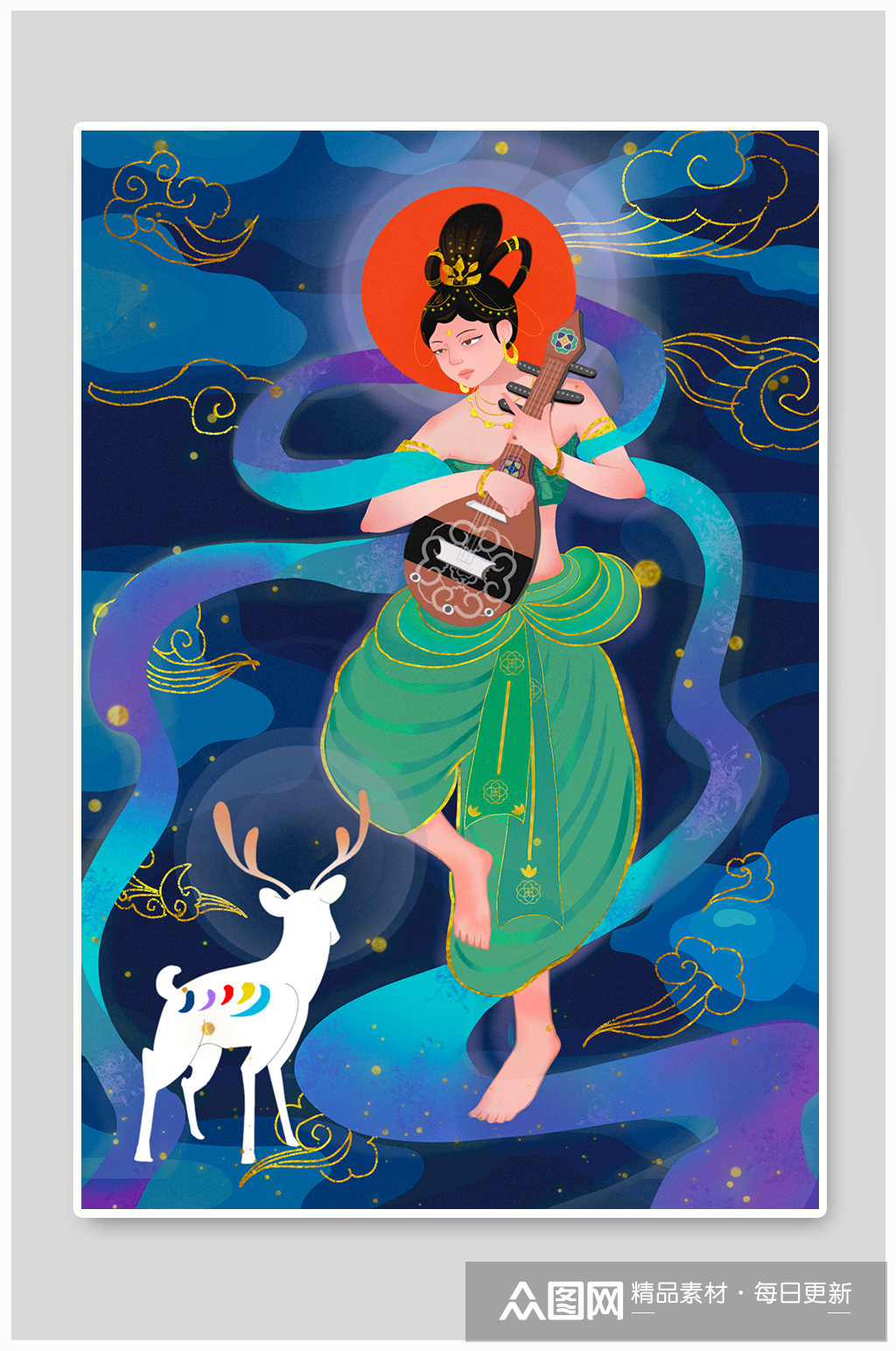 敦煌仙女仙鹿飞天壁画插画