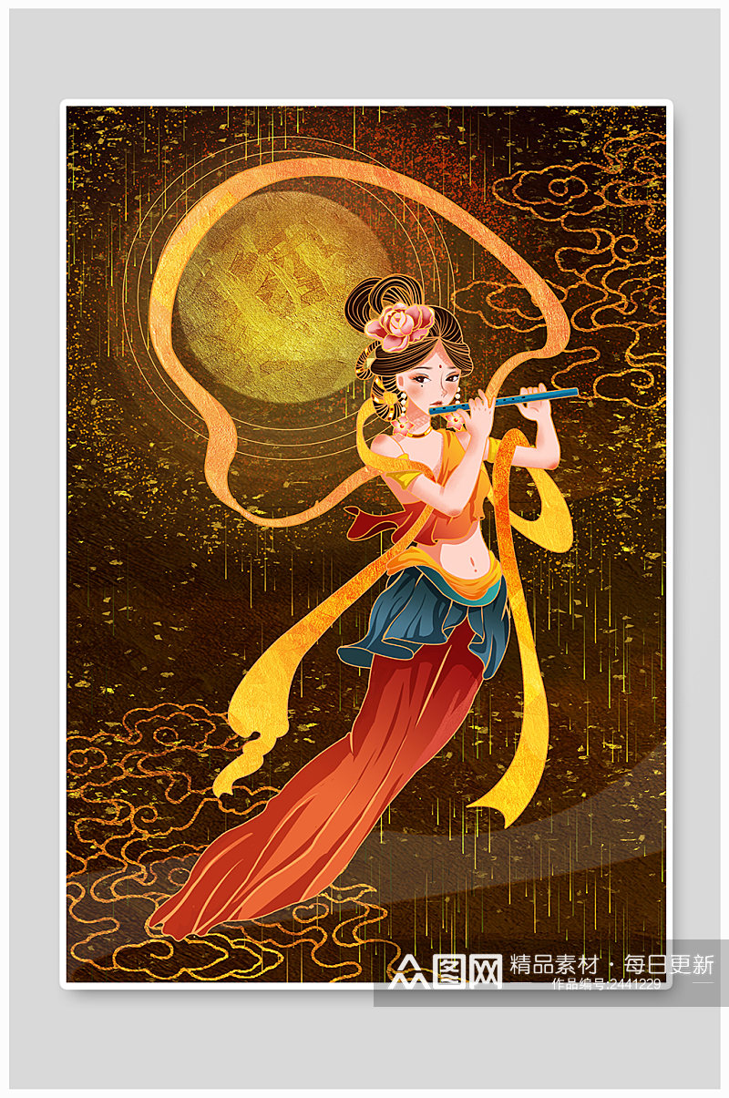 敦煌飞天仙女壁画插画素材下载-众图网