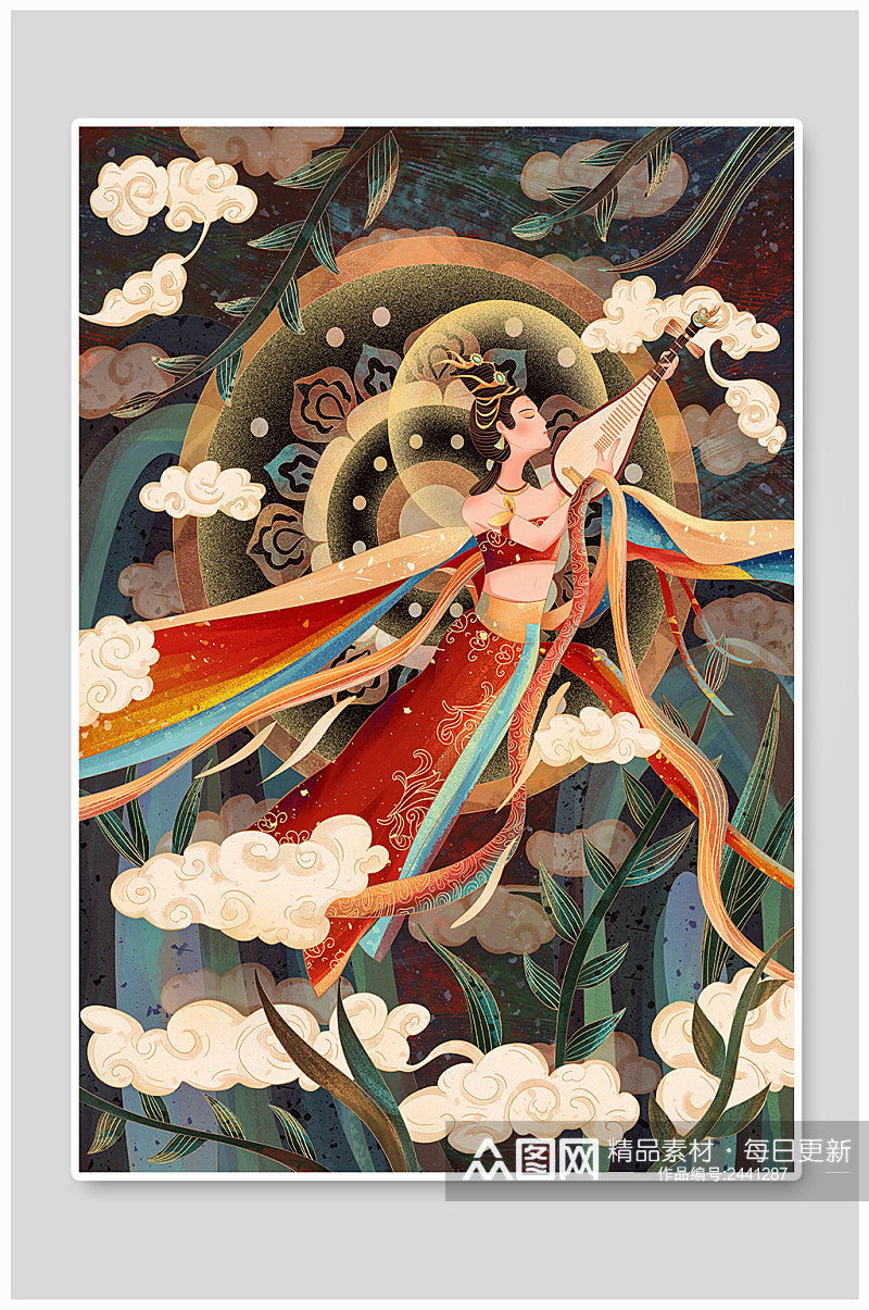 敦煌壁画飞天仙女图插画素材下载-众图网