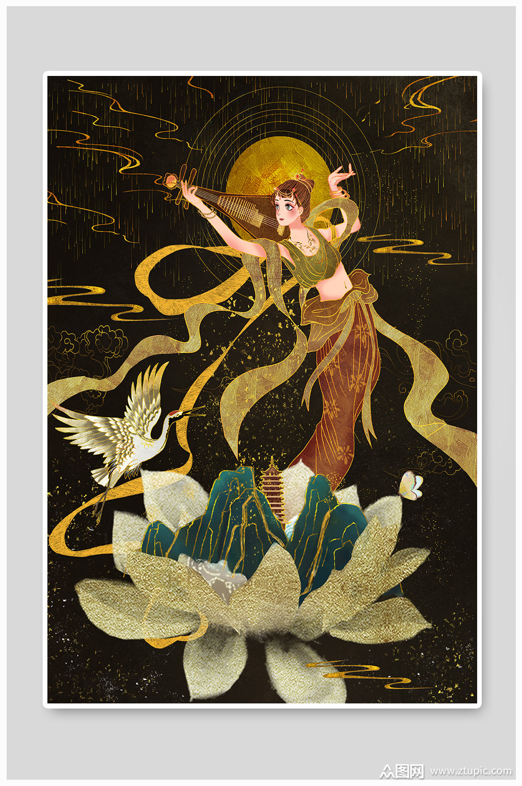 敦煌仙女舞蹈莲花图壁画插画