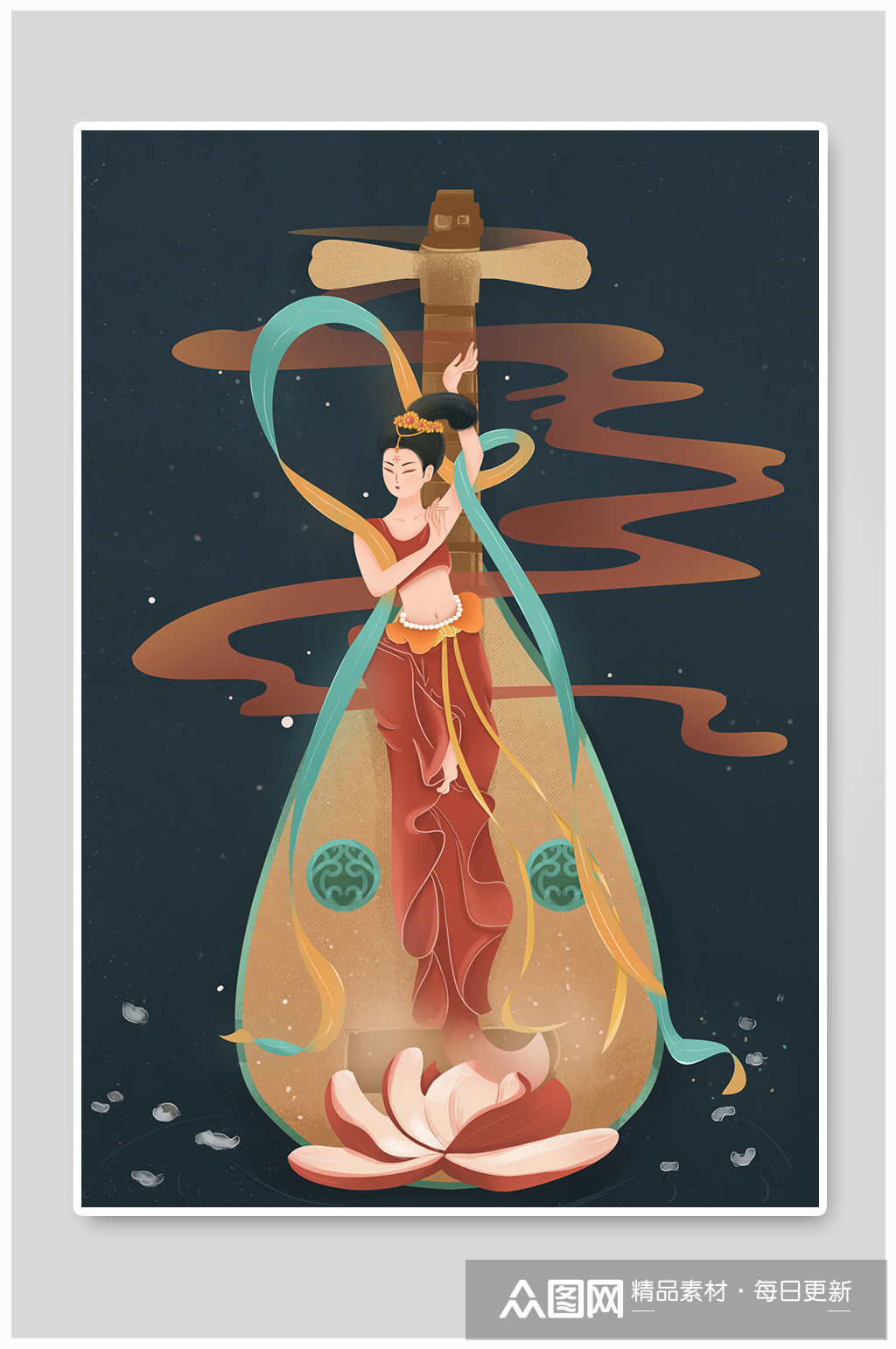 飞天仙女弹琴敦煌壁画插画