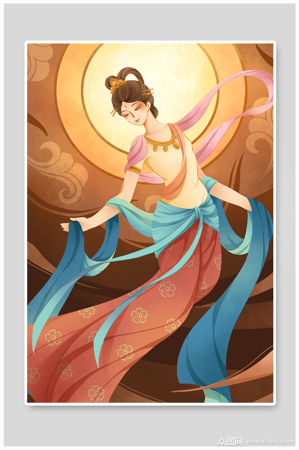 敦煌飞天舞蹈仙女壁画插画素材