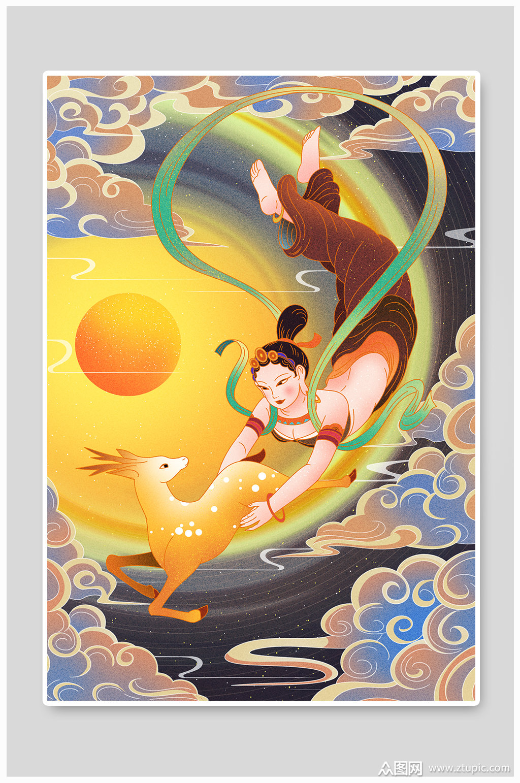 敦煌飞天壁画小鹿插画