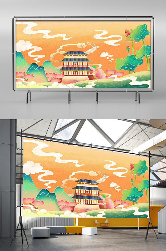 莲花荷叶中国风国潮背景插画