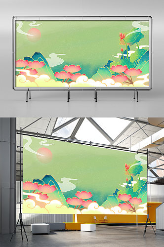 莲花荷叶中国风国潮背景插画