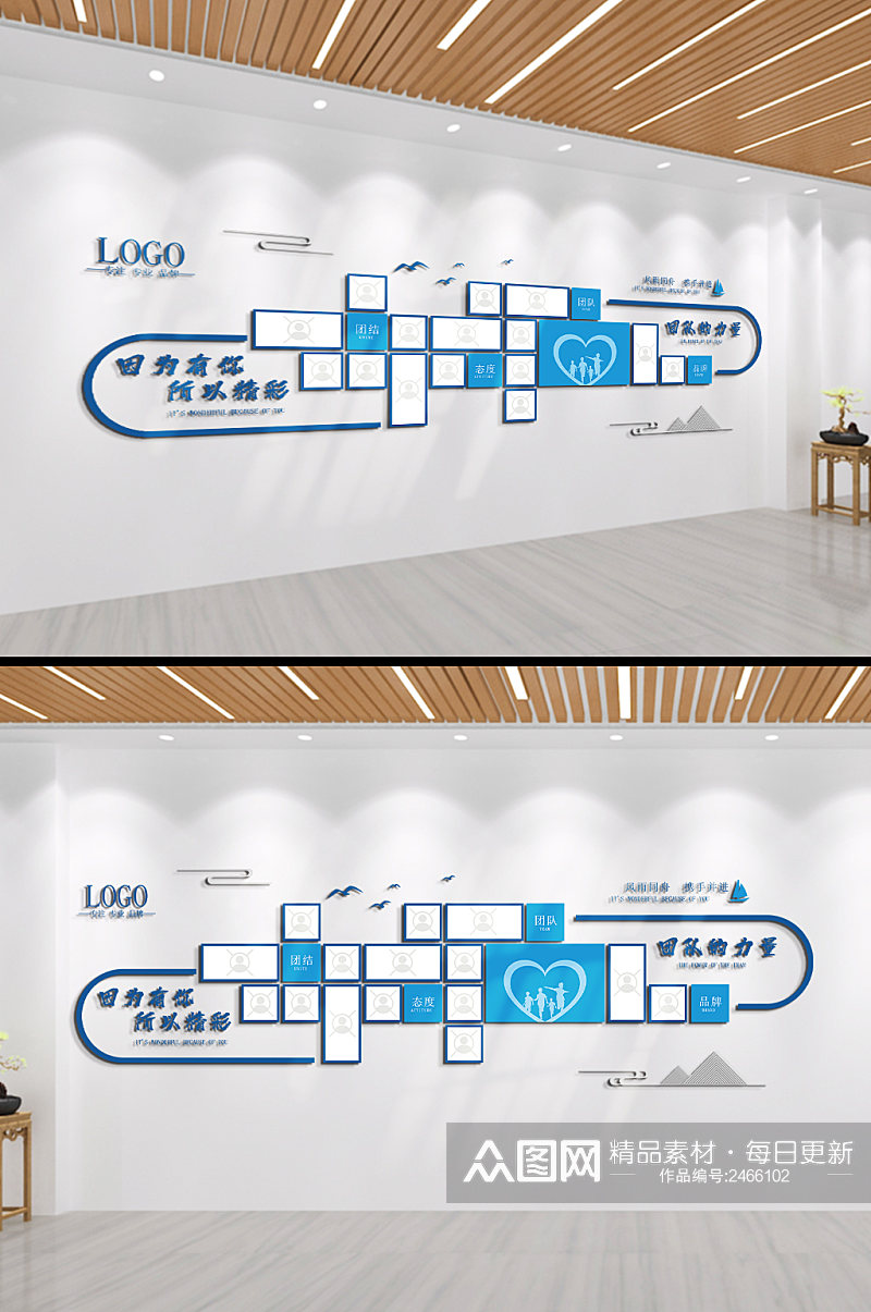 蓝色因为有你所以精彩企业员工照片文化墙素材