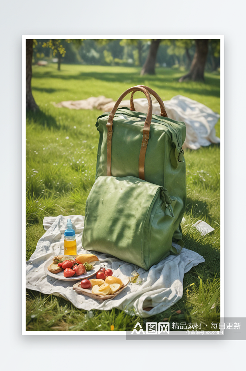 携食品踏绿草享清凉夏日野餐乐趣素材
