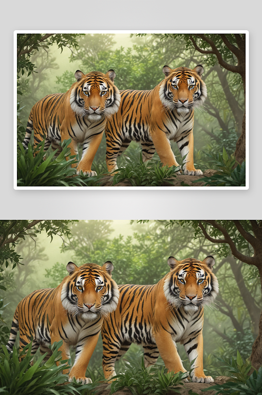 野生动物插图老虎站在原始森林
