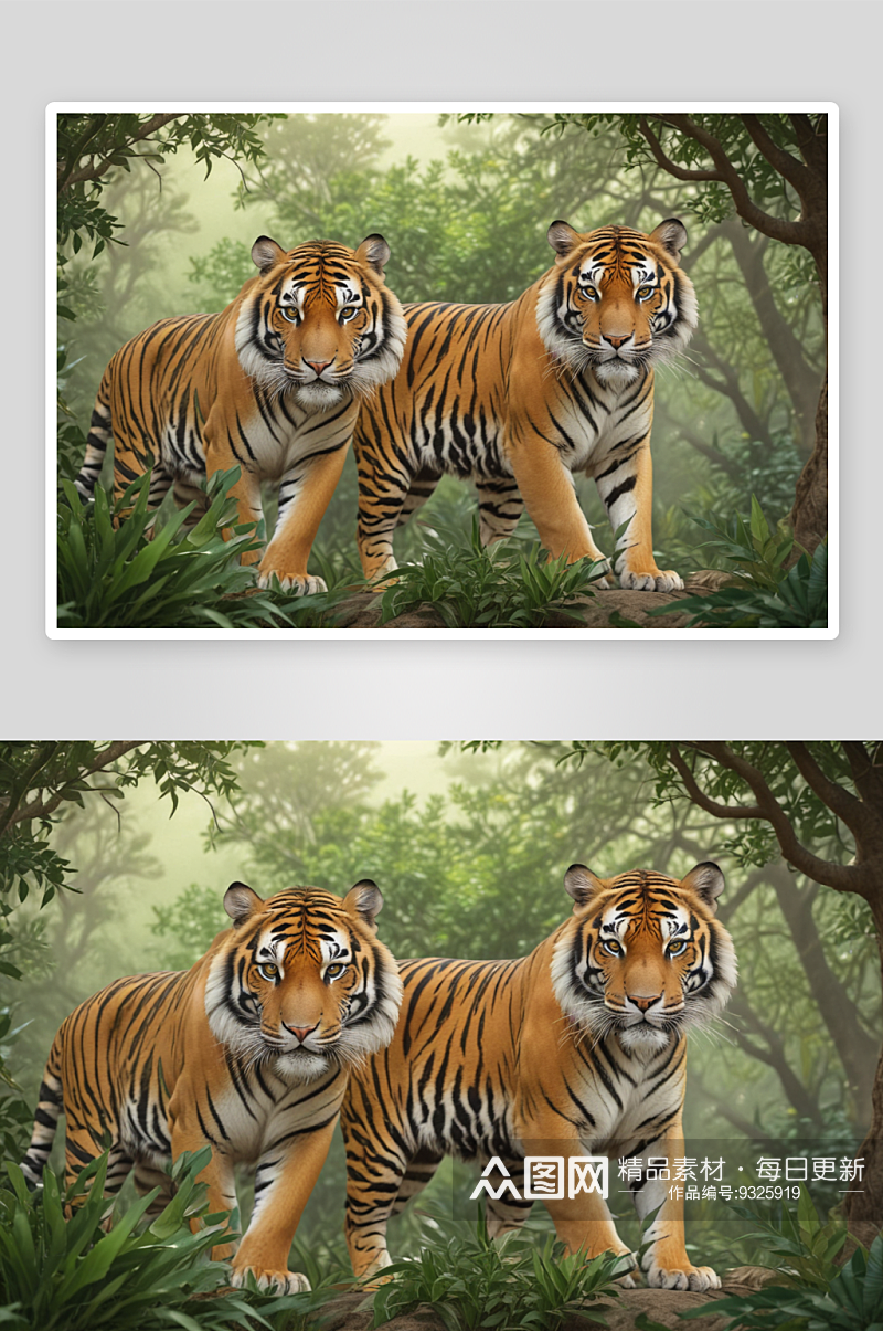 野生动物插图老虎站在原始森林素材