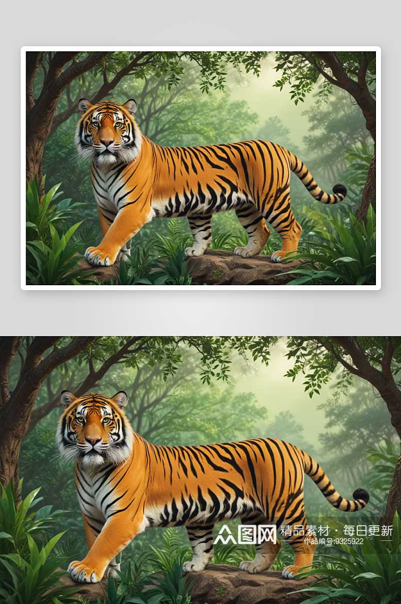 野生动物插图老虎站在原始森林素材