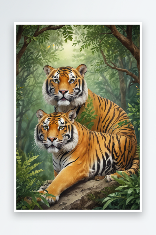 详细绘制的水和老虎动物插图
