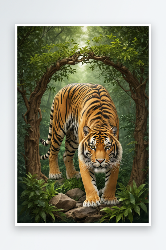 细节描绘的老虎在丛林中的动物插图