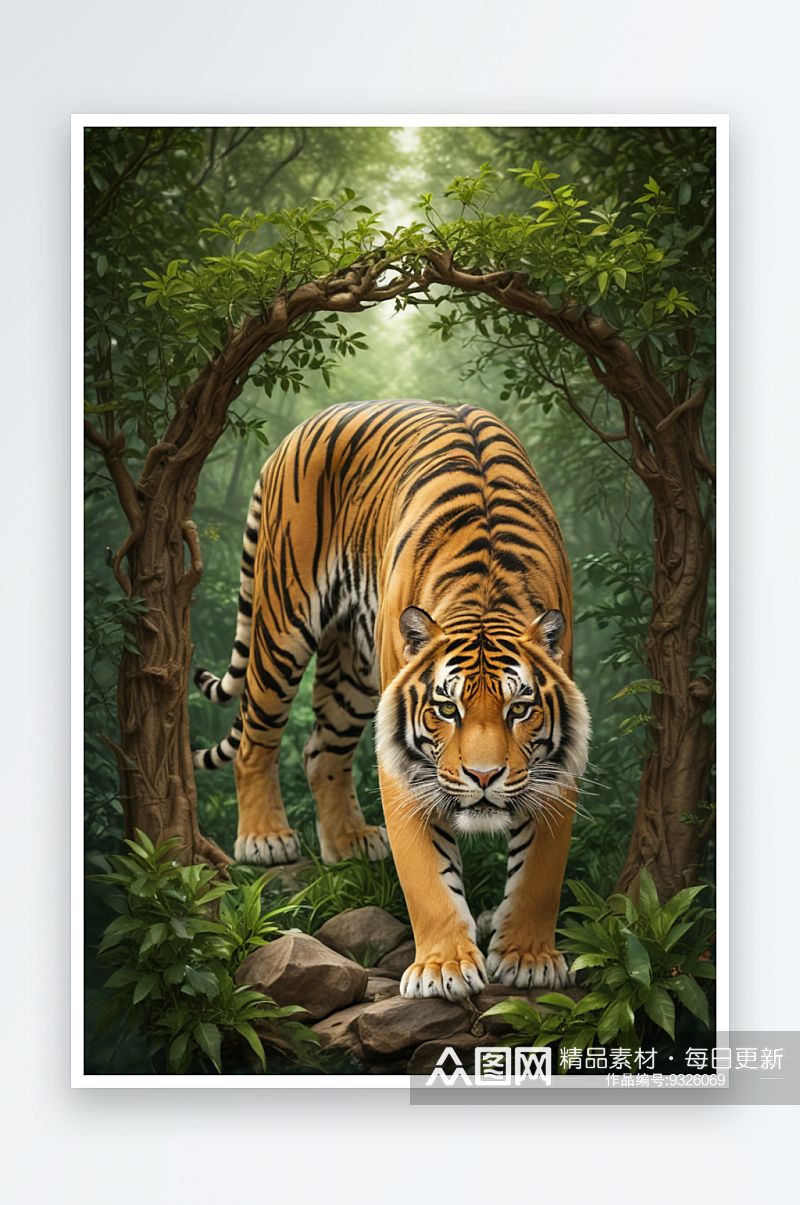 细节描绘的老虎在丛林中的动物插图素材