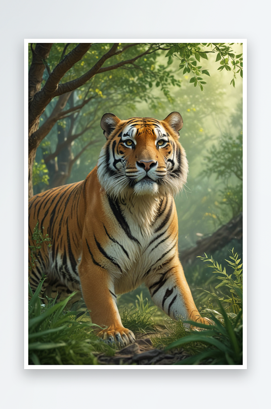 细节描绘的老虎在丛林中的动物插图