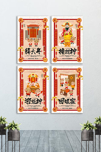 新年习俗拜大年接财神迎灶神回娘家展板