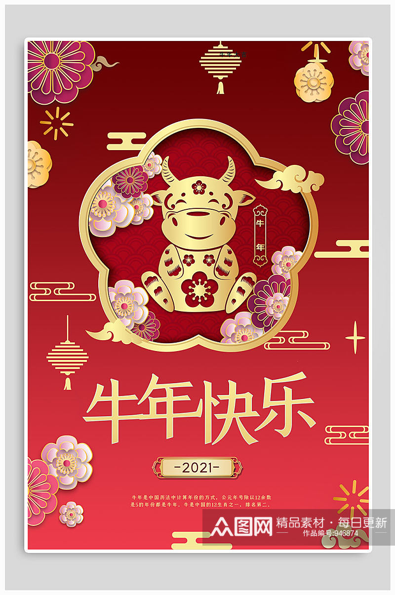 2021牛年快乐红色海报素材