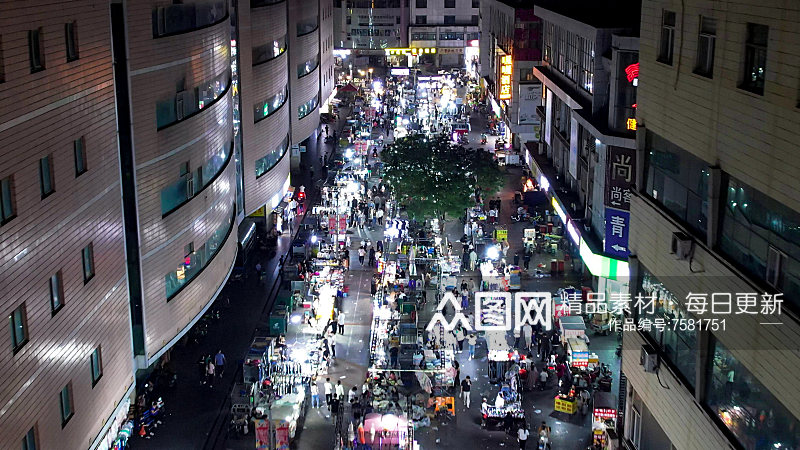 邯郸夜市步行街夜景人流航拍素材