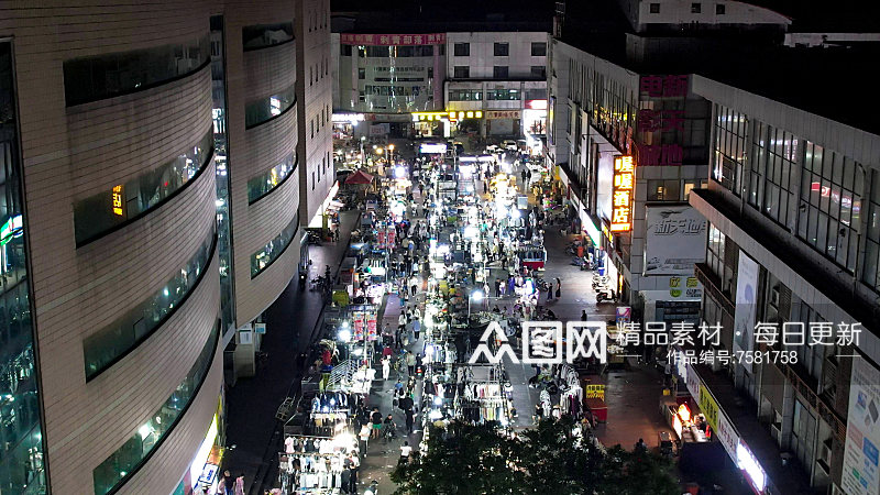 邯郸夜市步行街夜景人流航拍素材