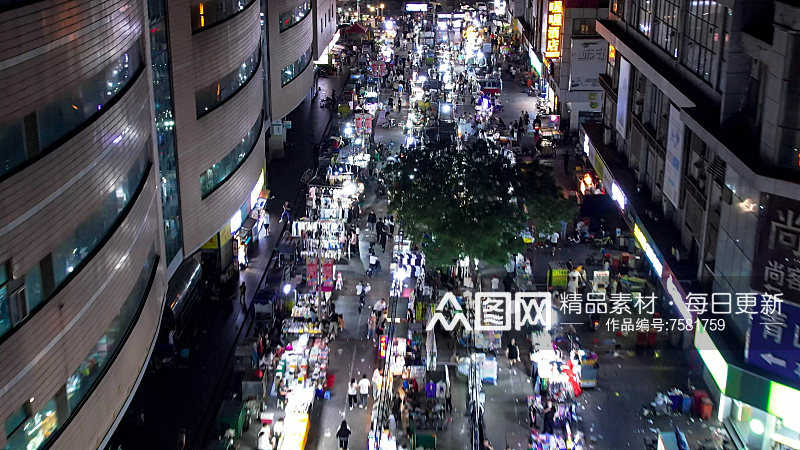 邯郸夜市步行街夜景人流航拍素材