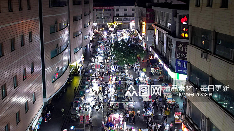 城市风光邯郸夜市步行街夜景人流航拍素材